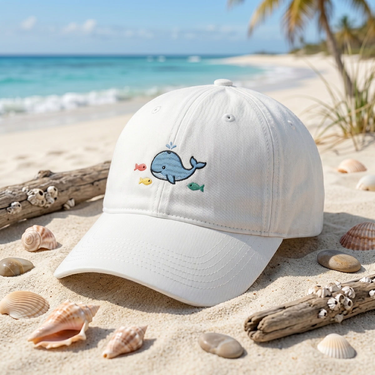 Cute Whale Water Spout Little Fish embroidered hat — front view