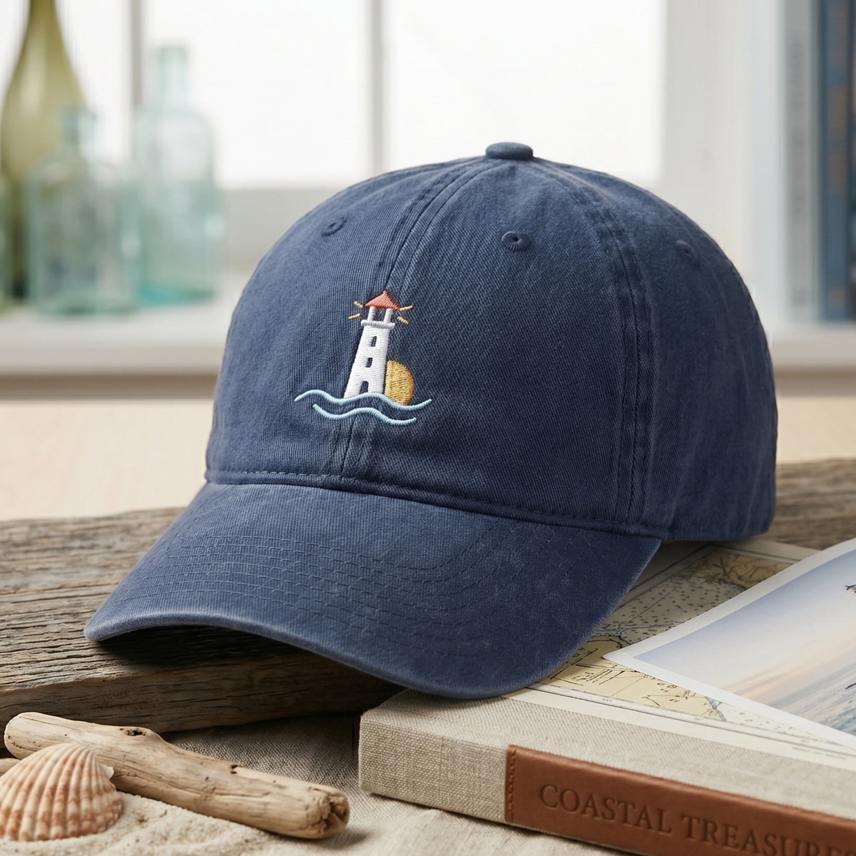 Lighthouse Ocean Waves Setting Sun Minimalist embroidered hat — front view
