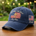 Personalized God Shed His Grace On Thee Cross Distressed American Flag embroidered hat — front view