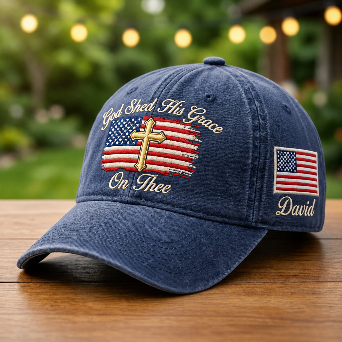 Personalized God Shed His Grace On Thee Cross Distressed American Flag embroidered hat — front view