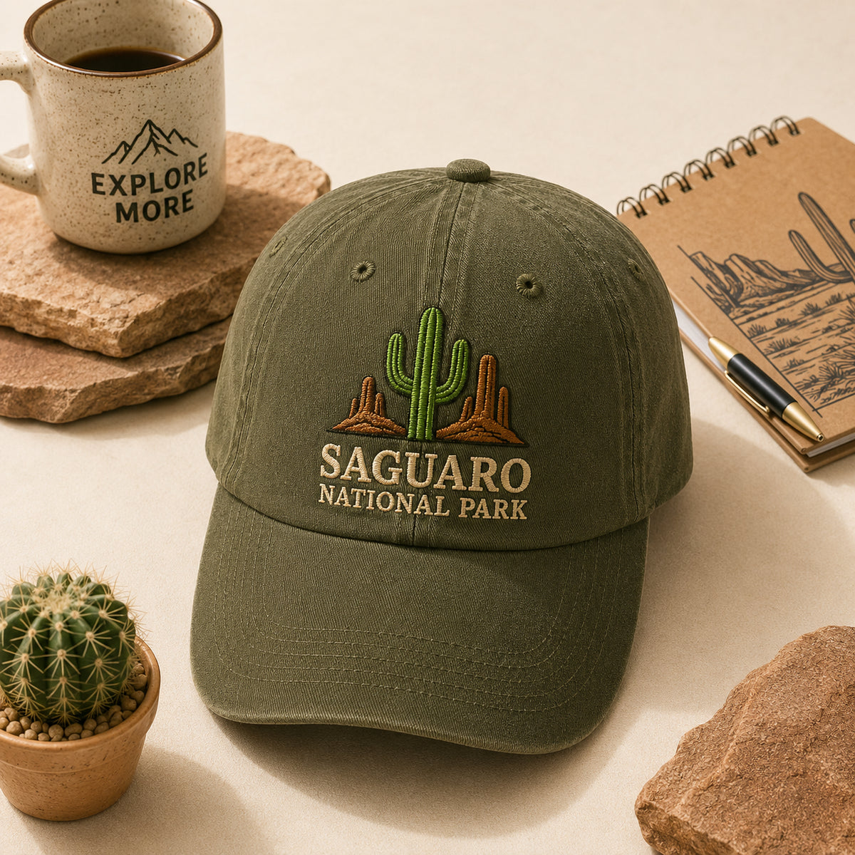 Saguaro National Park Cactus Desert Mesa embroidered hat — front view