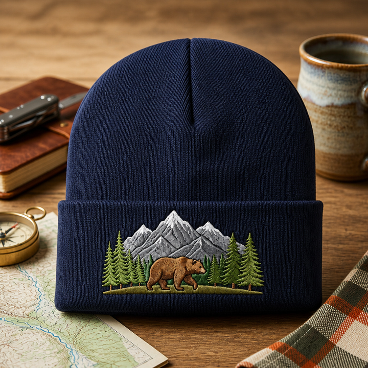 Personalized Grizzly Bear Mountain Pine Forest Embroidered Beanie