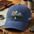Personalized Camping Tent Mountain Sunrise Pine Trees embroidered hat — front view