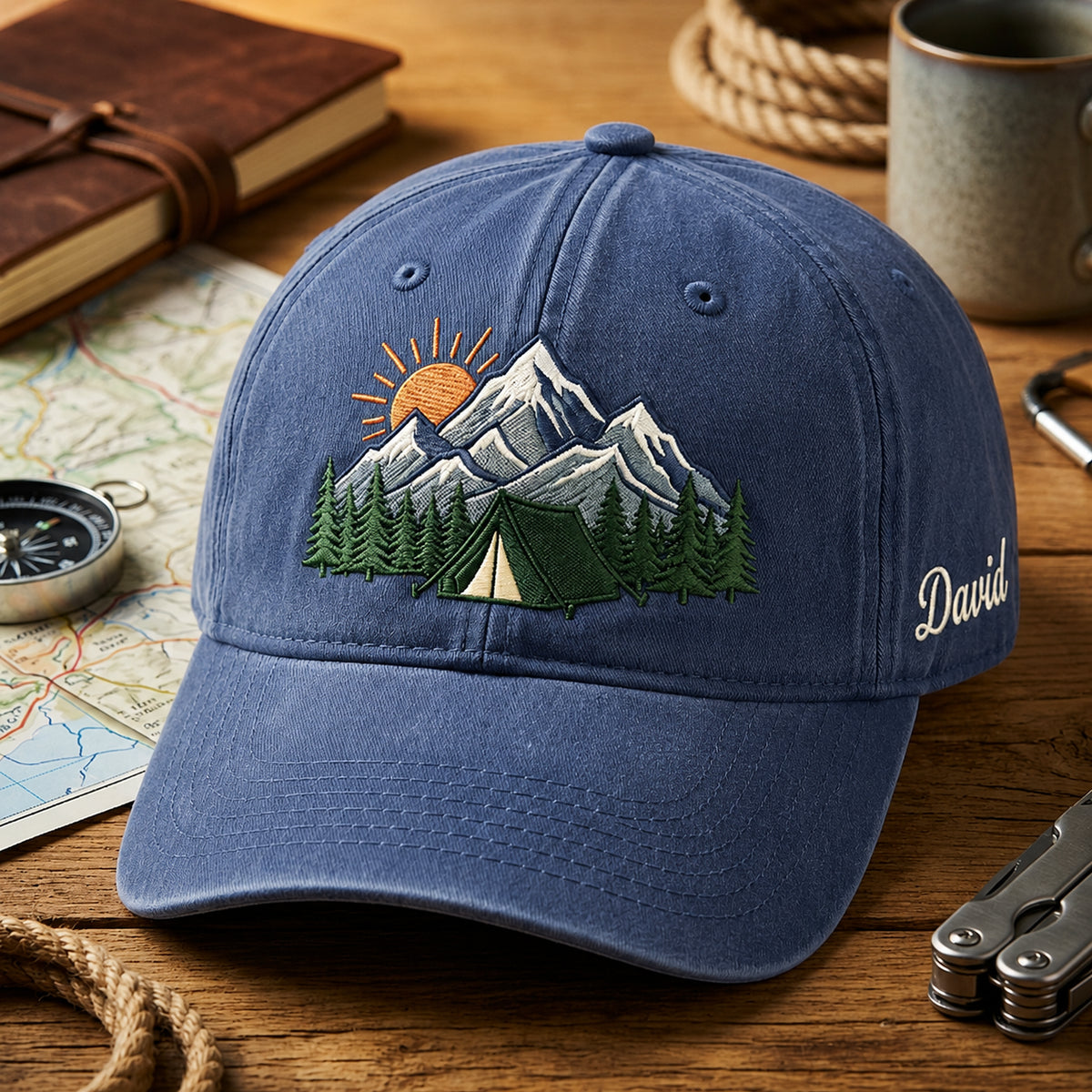 Personalized Camping Tent Mountain Sunrise Pine Trees embroidered hat — front view