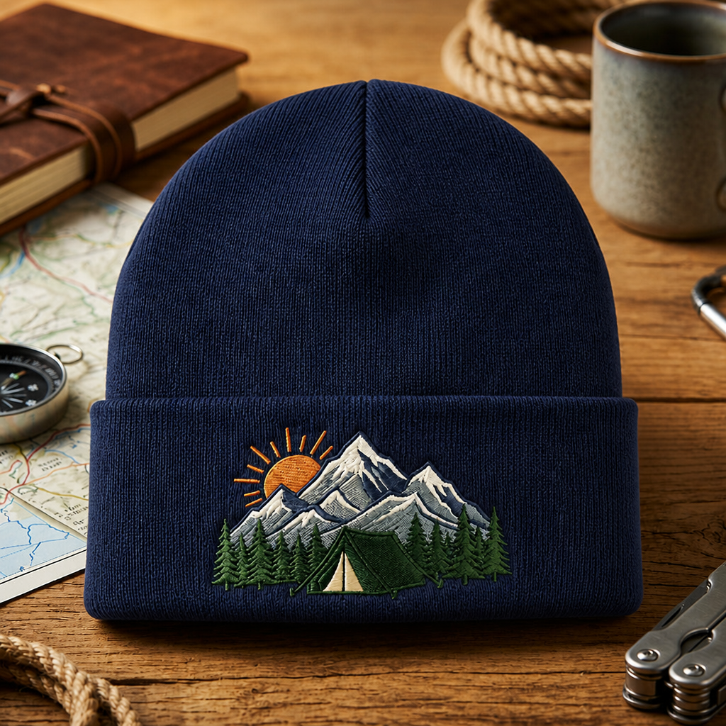 Personalized Camping Tent Mountain Sunrise Pine Trees Embroidered Beanie