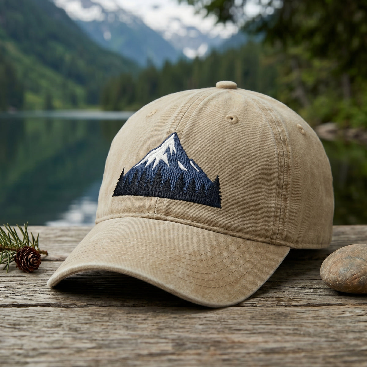 Mountain Pine Tree Forest Landscape embroidered hat — front view