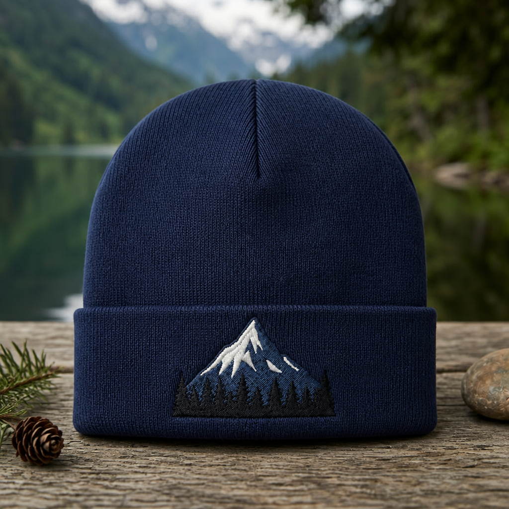 Mountain Pine Tree Forest Landscape Embroidered Beanie