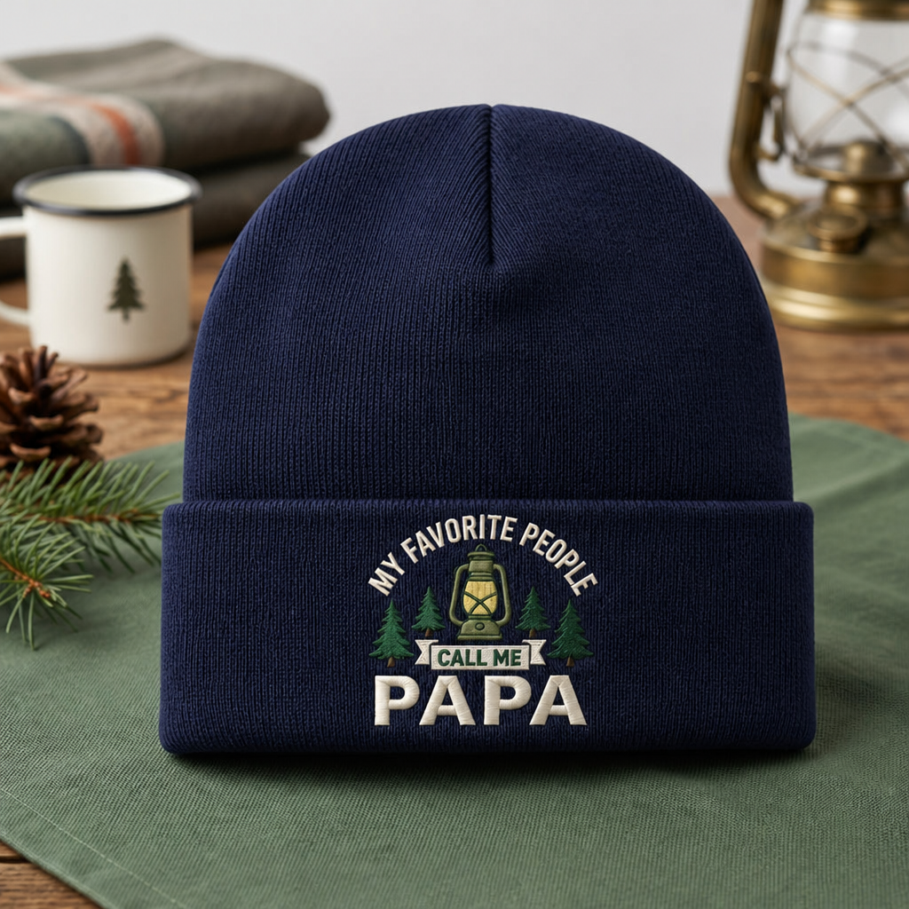 My Favorite People Call Me Papa Camping Lantern Pine Trees Embroidered Beanie