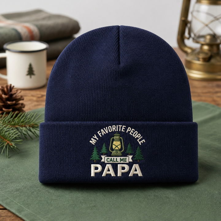 My Favorite People Call Me Papa Camping Lantern Pine Trees Embroidered Beanie