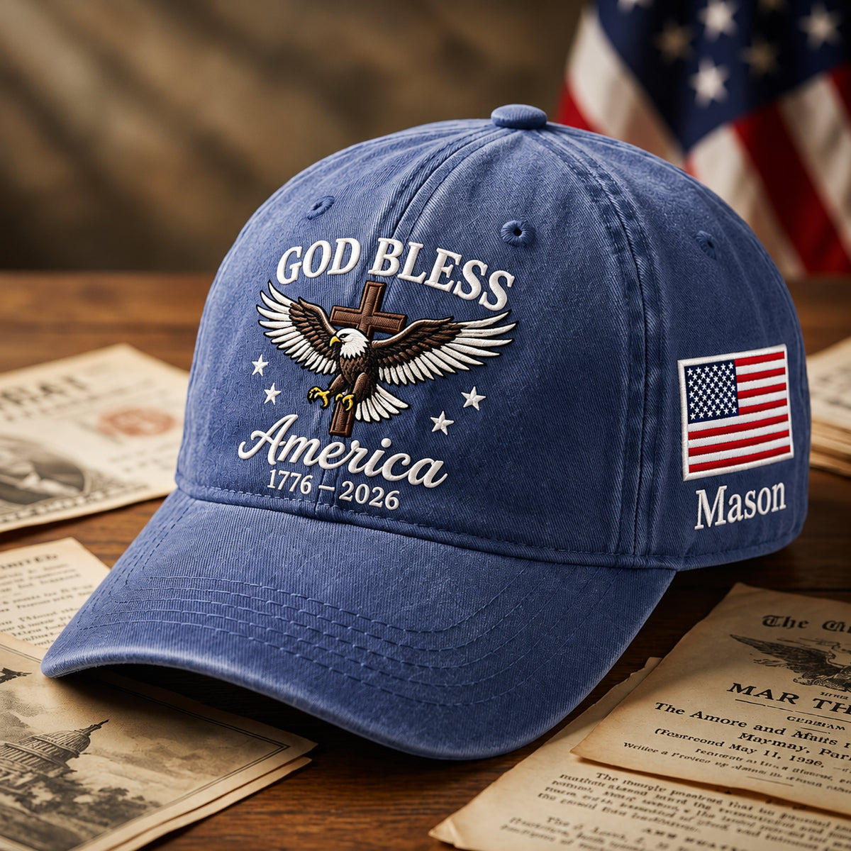 Personalized God Bless America 1776-2026 Bald Eagle Cross Stars Flag embroidered hat — front view