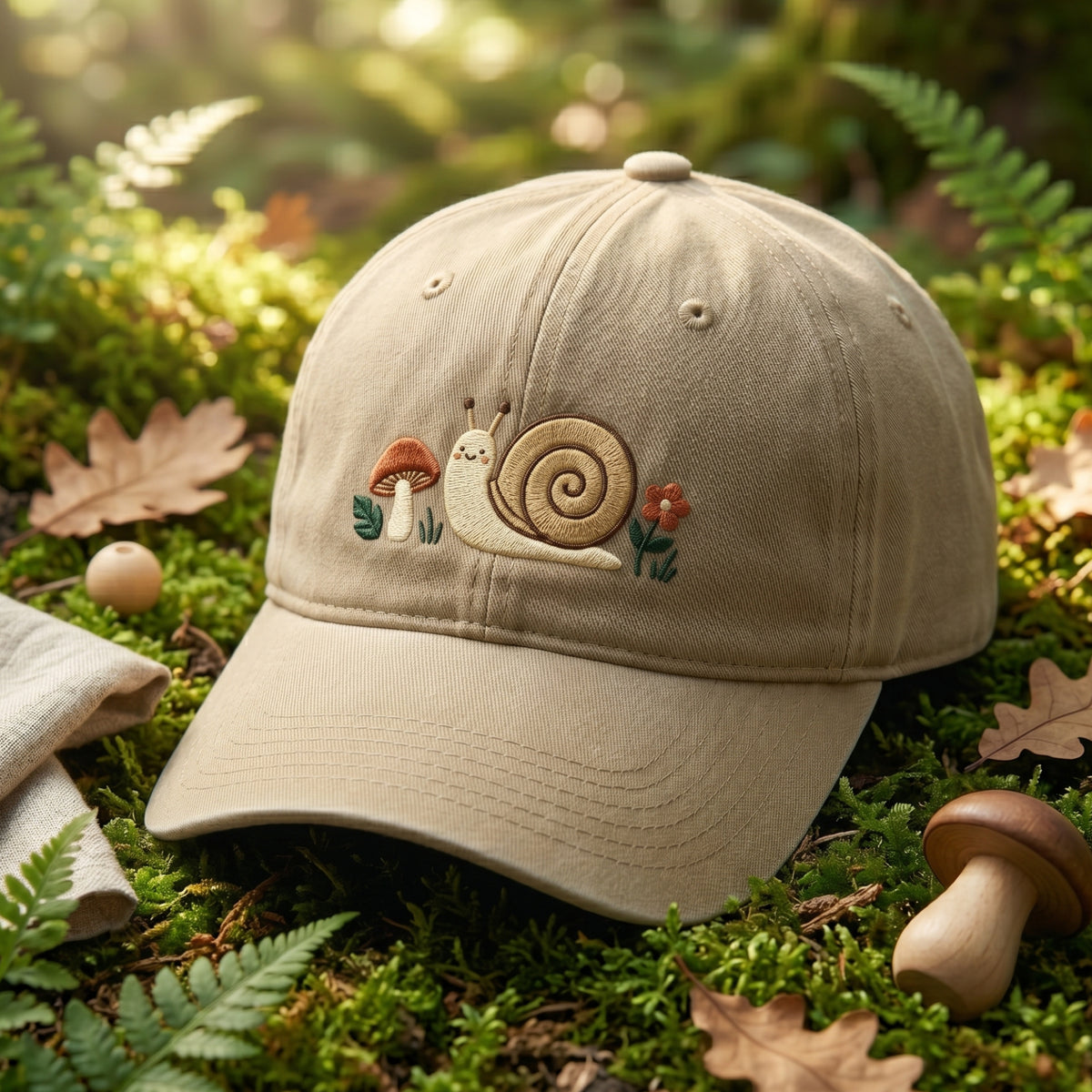 Cottagecore Snail Mushroom Wildflower Garden embroidered hat — front view