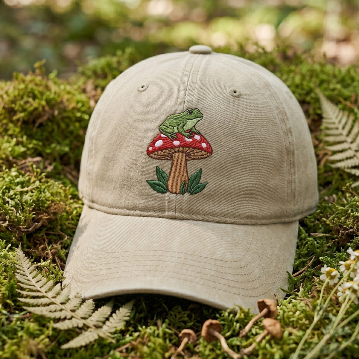 Cottagecore Frog Mushroom Grass embroidered hat — front view