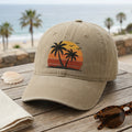 Retro Sunset Palm Trees Birds Beach embroidered hat — front view