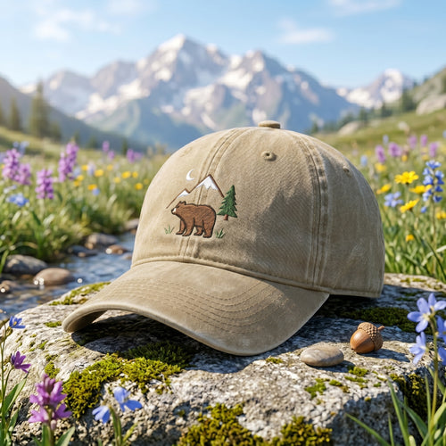 Bear Mountain Pine Tree Moon Wilderness Scene embroidered hat — front view