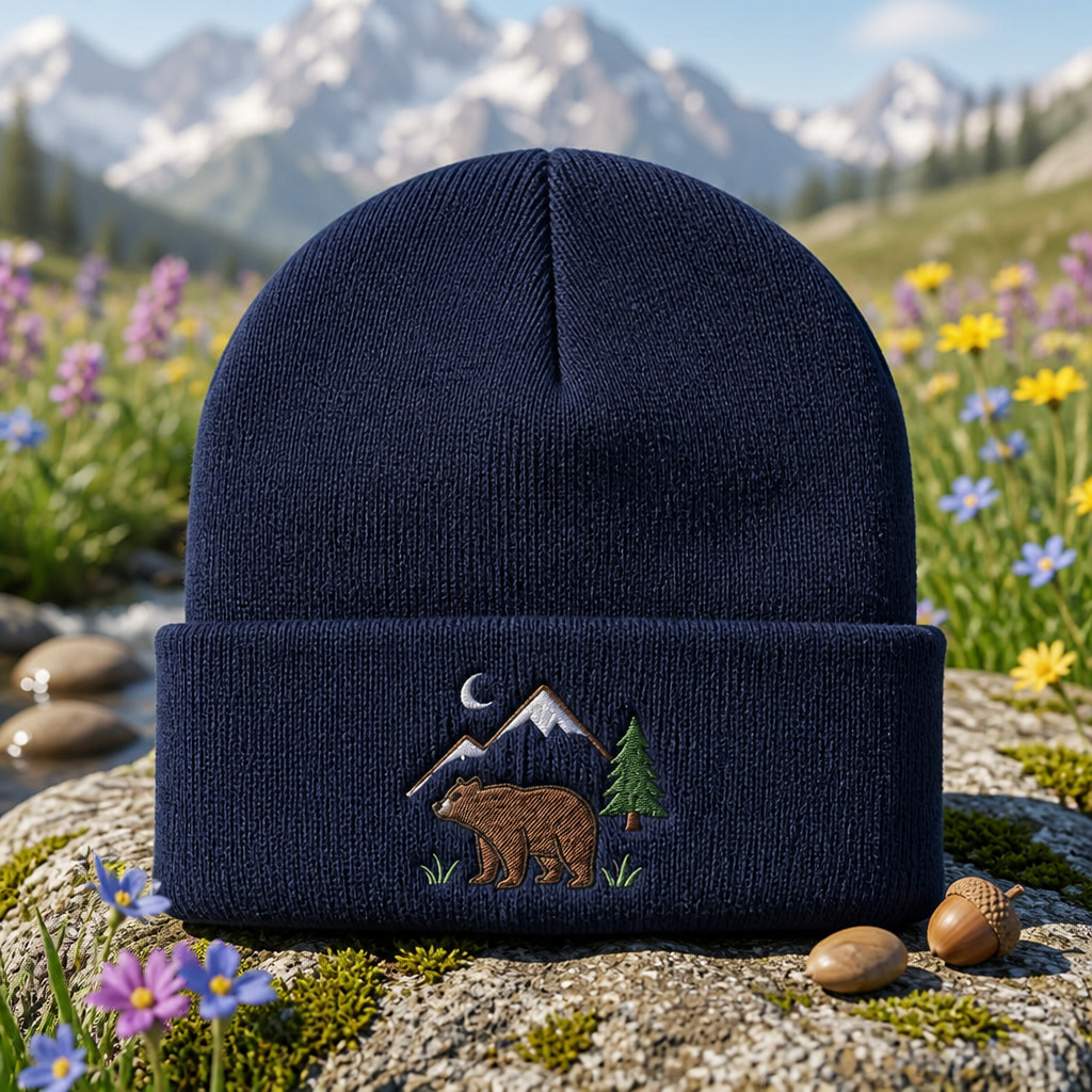 Bear Mountain Pine Tree Moon Wilderness Scene Embroidered Beanie