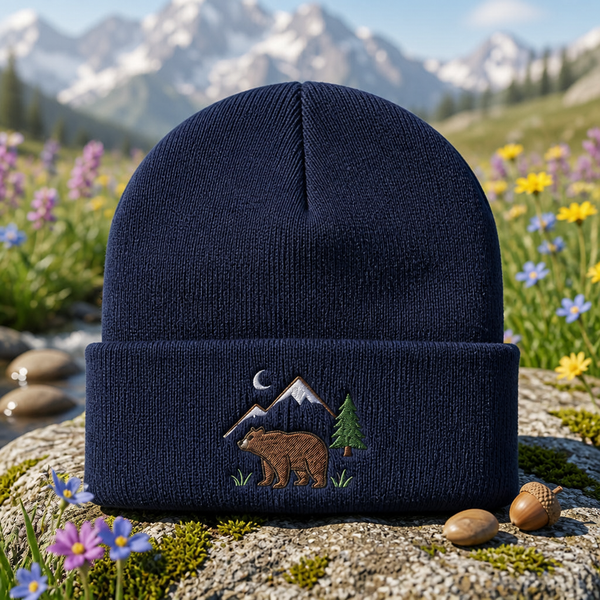 Bear Mountain Pine Tree Moon Wilderness Scene Embroidered Beanie