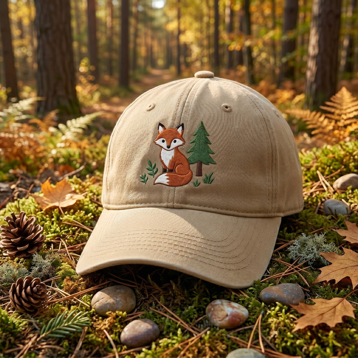 Cute Fox Pine Tree Forest Woodland Scene embroidered hat — front view