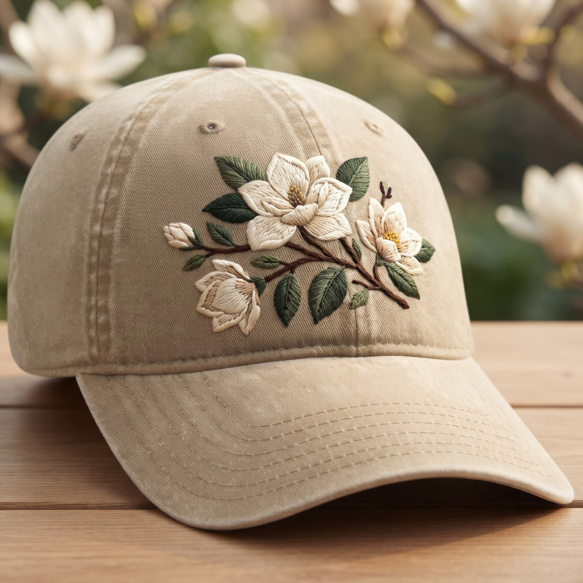 Magnolia Floral Branch Botanical Washed embroidered hat — front view