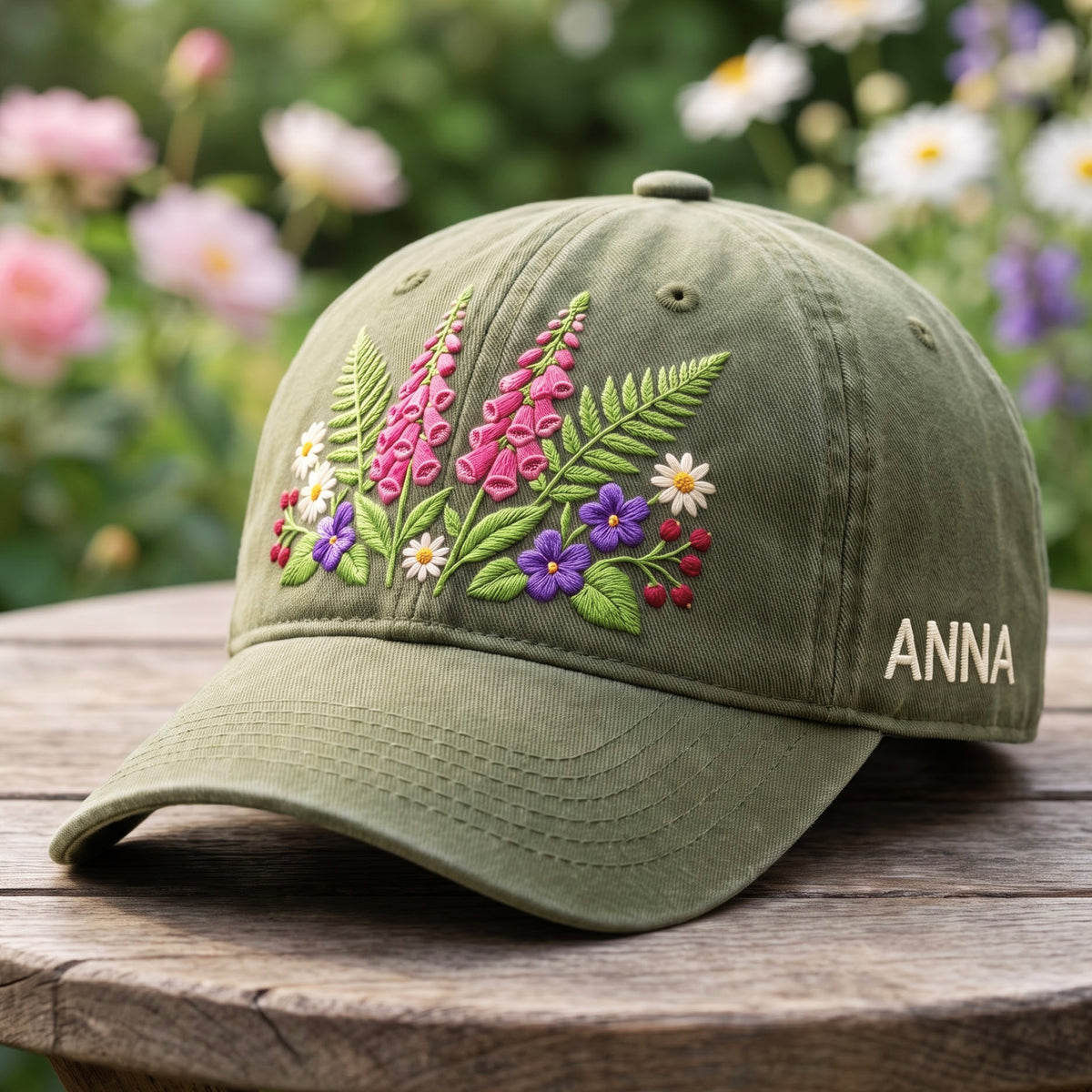 Personalized Wildflower Foxglove Fern Daisy Violet Botanical Garden embroidered hat — front view