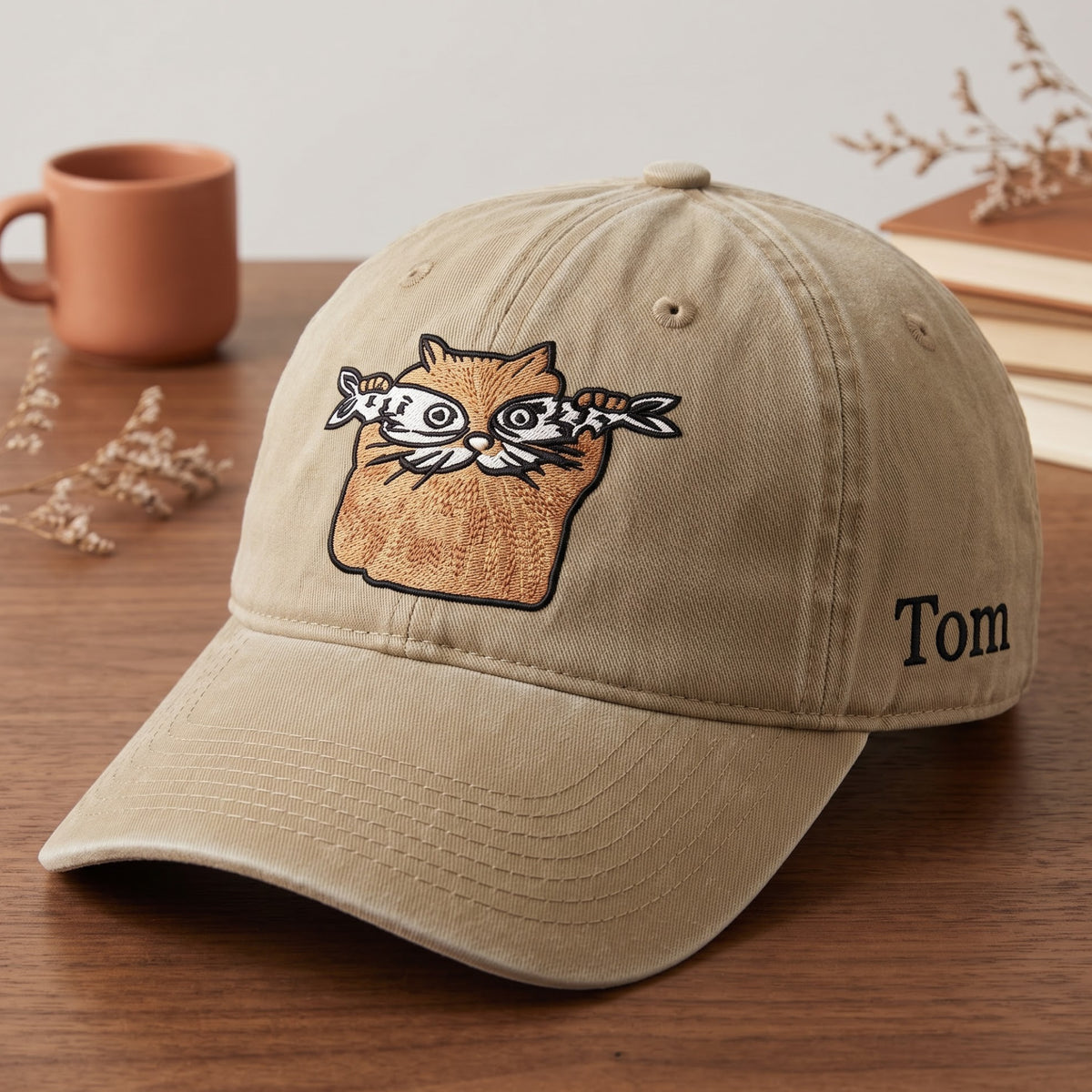 Personalized Funny Cat Holding Fish Cartoon embroidered hat — front view