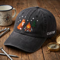Personalized Fox Campfire Pine Tree Stars Night embroidered hat — front view