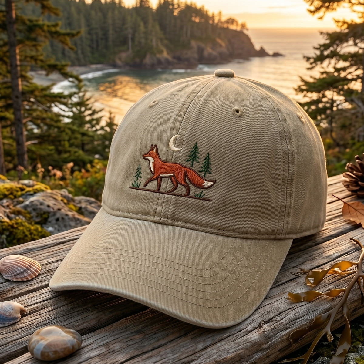 Red Fox Pine Trees Crescent Moon Woodland Nature Scene embroidered hat — front view