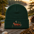 Red Fox Pine Trees Crescent Moon Woodland Nature Scene Embroidered Beanie