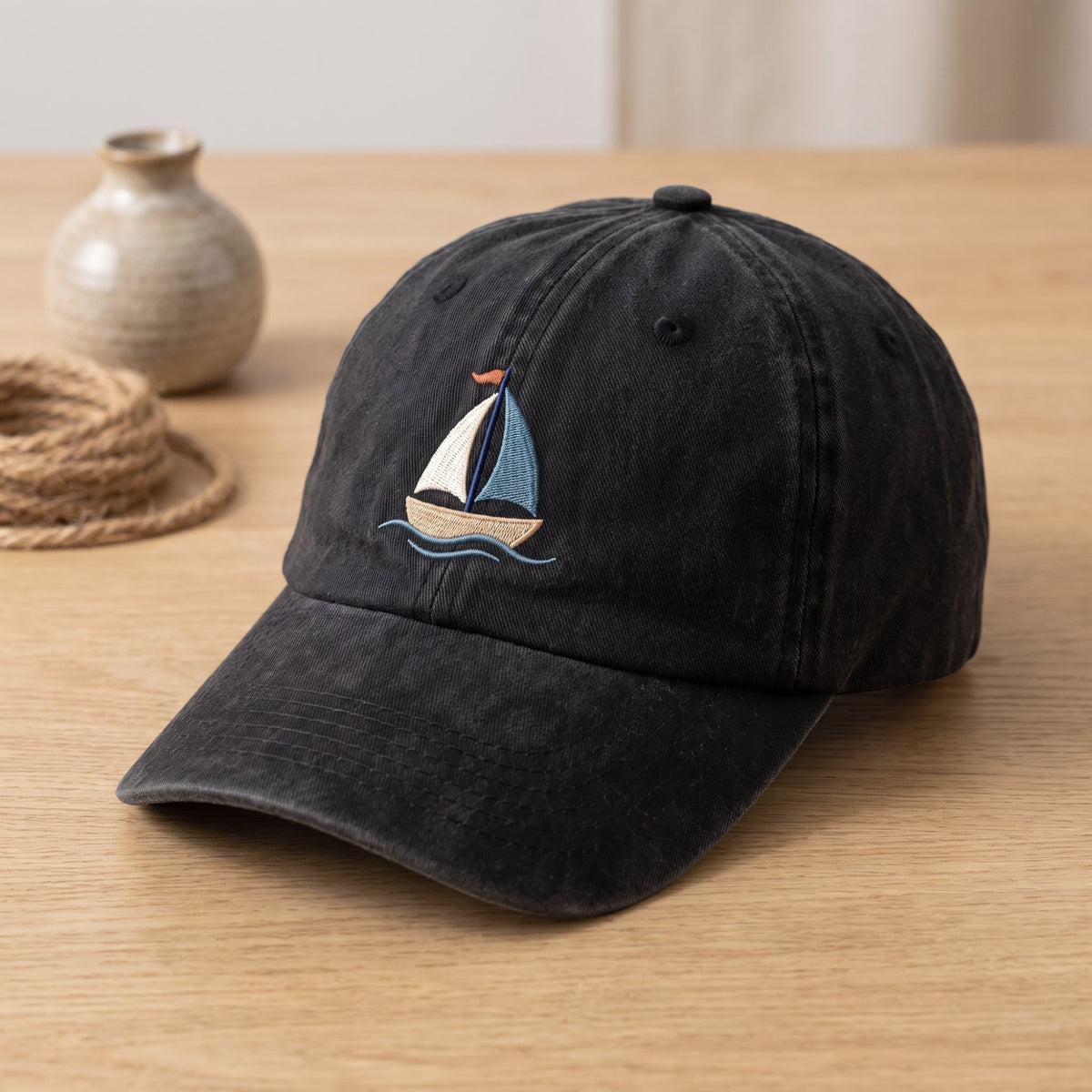 Sailboat Waves Nautical Minimalist embroidered hat — front view