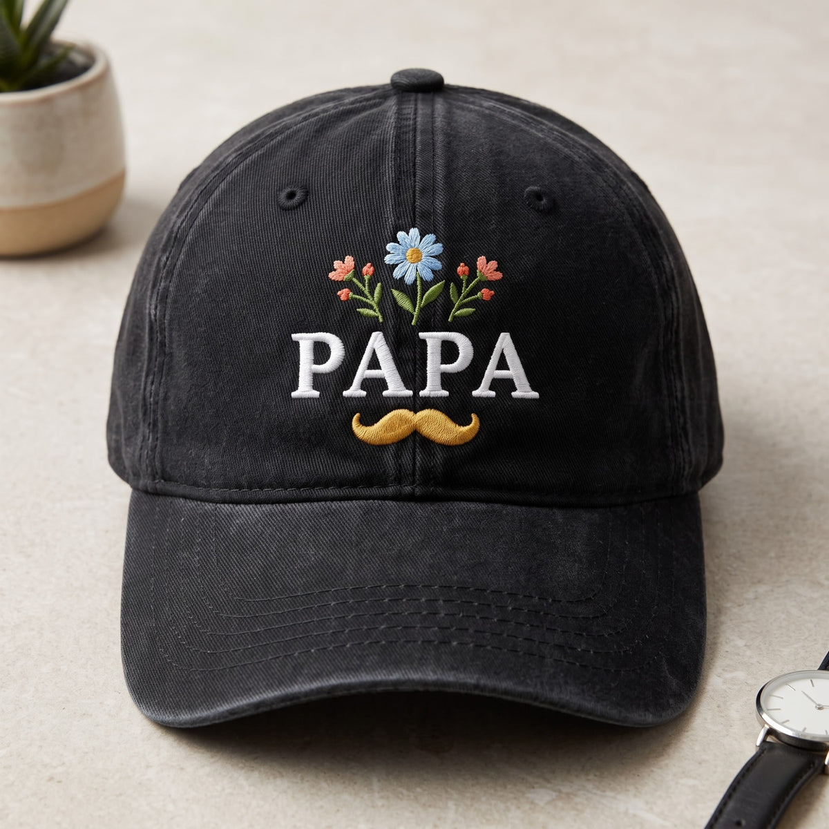 Papa Wildflowers Mustache Floral embroidered hat — front view
