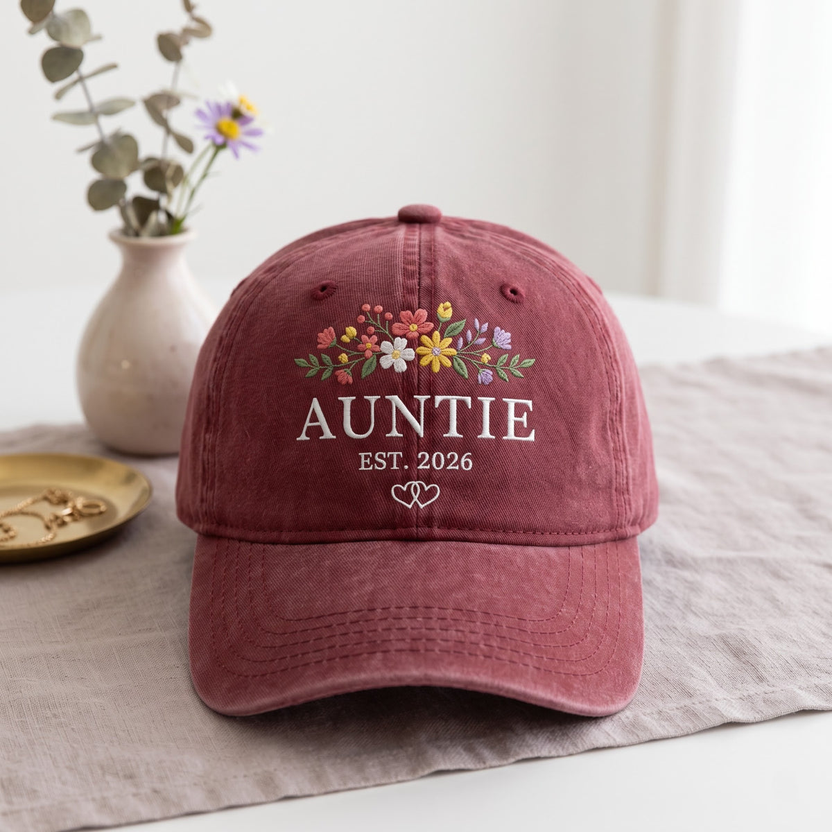 Personalized Auntie Est Year Wildflower Bouquet Linked Hearts embroidered hat — front view