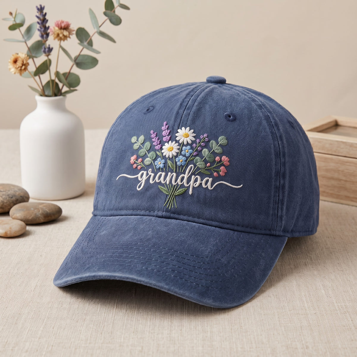 Grandpa Wildflower Bouquet Daisy Lavender Script embroidered hat — front view