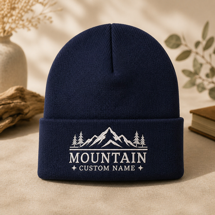 Mountain Range Pine Custom Name Line Art Embroidered Beanie