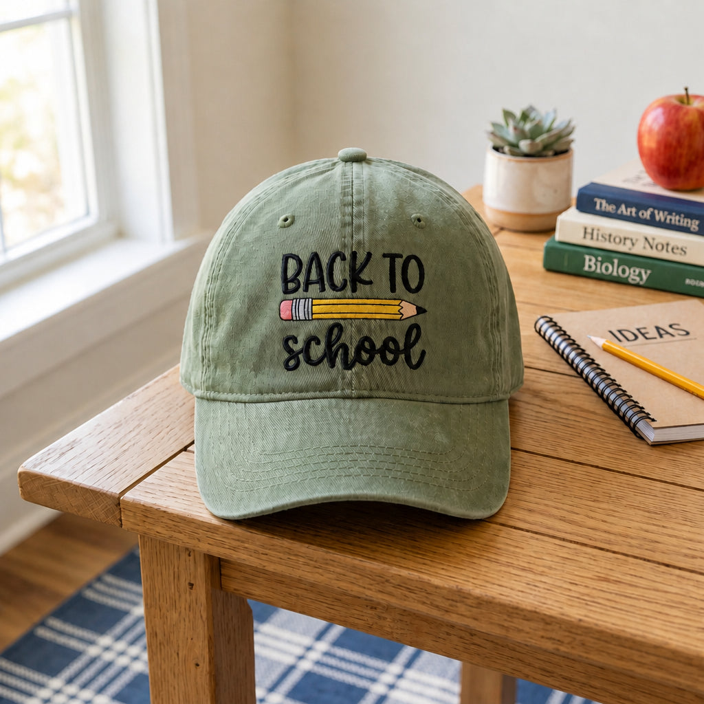 Personalized to School Notebook Pencil Embroidered Hat — Washed Hat
