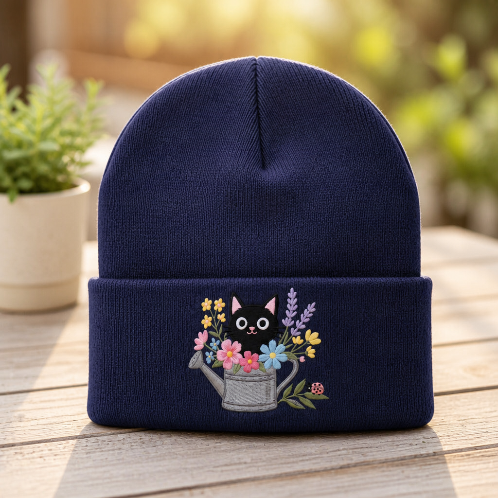 Personalized Black Cat Watering Can Flowers Embroidered Beanie