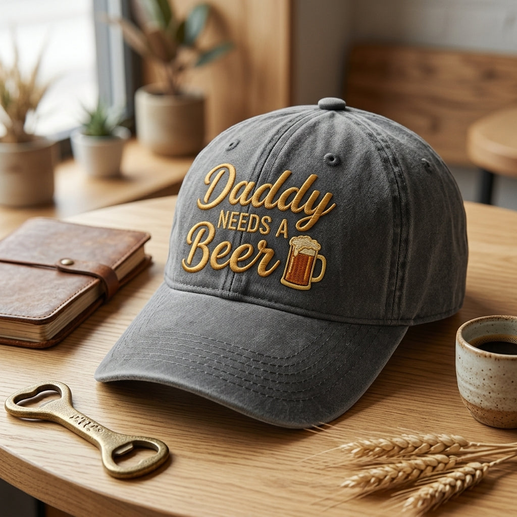 Daddy Needs A Beer Mug Funny Dad embroidered hat — front view