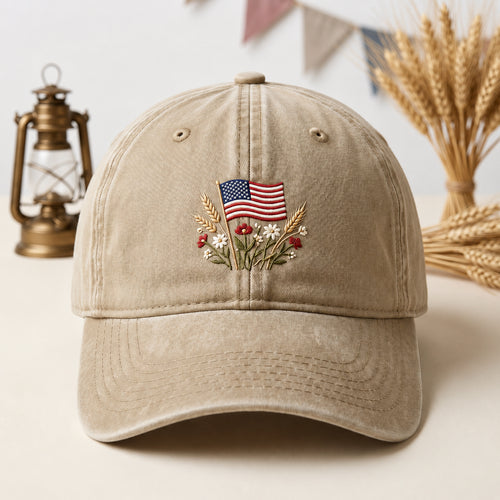 American Flag Wildflowers Wheat Daisy Patriotic Washed embroidered hat — front view