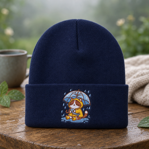 Personalized Cute Cat Rainy Day Yellow Raincoat Umbrella Puddle Embroidered Beanie