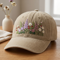 Wildflower Garden Foxglove Lupine Daisy Strawberry Fern Botanical embroidered hat — front view