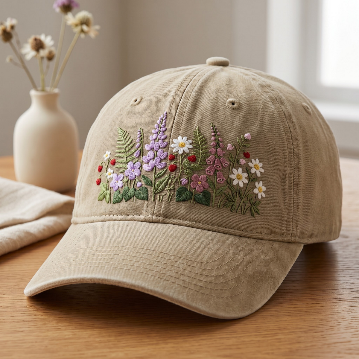 Wildflower Garden Foxglove Lupine Daisy Strawberry Fern Botanical embroidered hat — front view