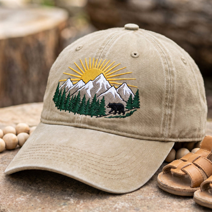 Personalized Mountain Bear Pine Trees Sunrise Scenic Embroidered Hat