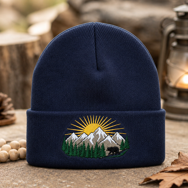 Personalized Mountain Bear Pine Trees Sunrise Scenic Embroidered Beanie