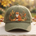 Personalized Autumn Fox Pumpkins Wildflowers Fall Botanical embroidered hat — front view