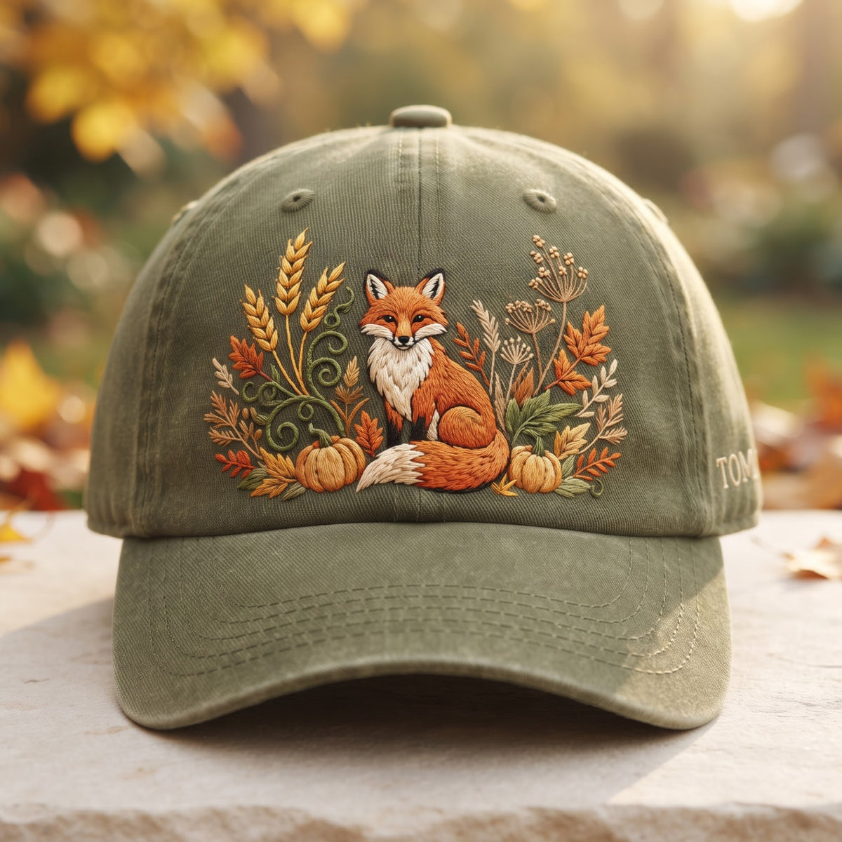Personalized Autumn Fox Pumpkins Wildflowers Fall Botanical embroidered hat — front view