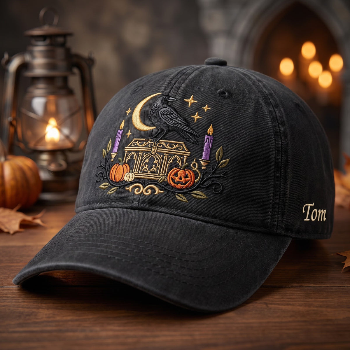 Personalized Halloween Raven Coffin Pumpkin Crescent Moon Candles Gothic embroidered hat — front view