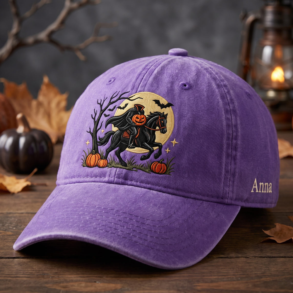 Personalized Halloween Headless Horseman Pumpkin Black Horse Moon Bats embroidered hat — front view