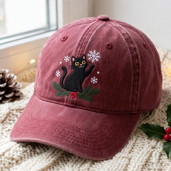Personalized Christmas Black Cat Snowflakes Holly Pine Branch Embroidered Hat — Washed Hat