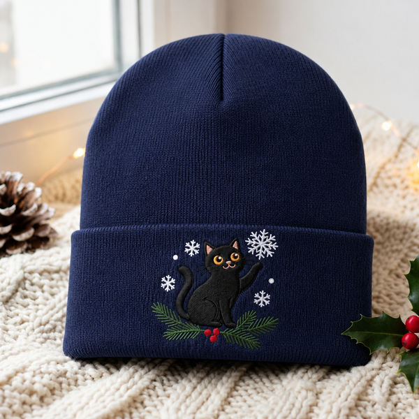 Personalized Christmas Black Cat Snowflakes Holly Pine Branch Embroidered Beanie