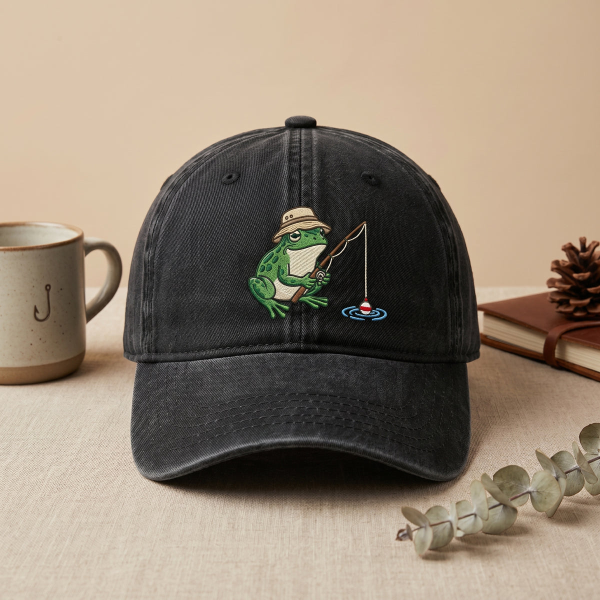 Frog Fishing Hat Bucket Hat Fishing Rod Bobber Cute Frog embroidered hat — front view