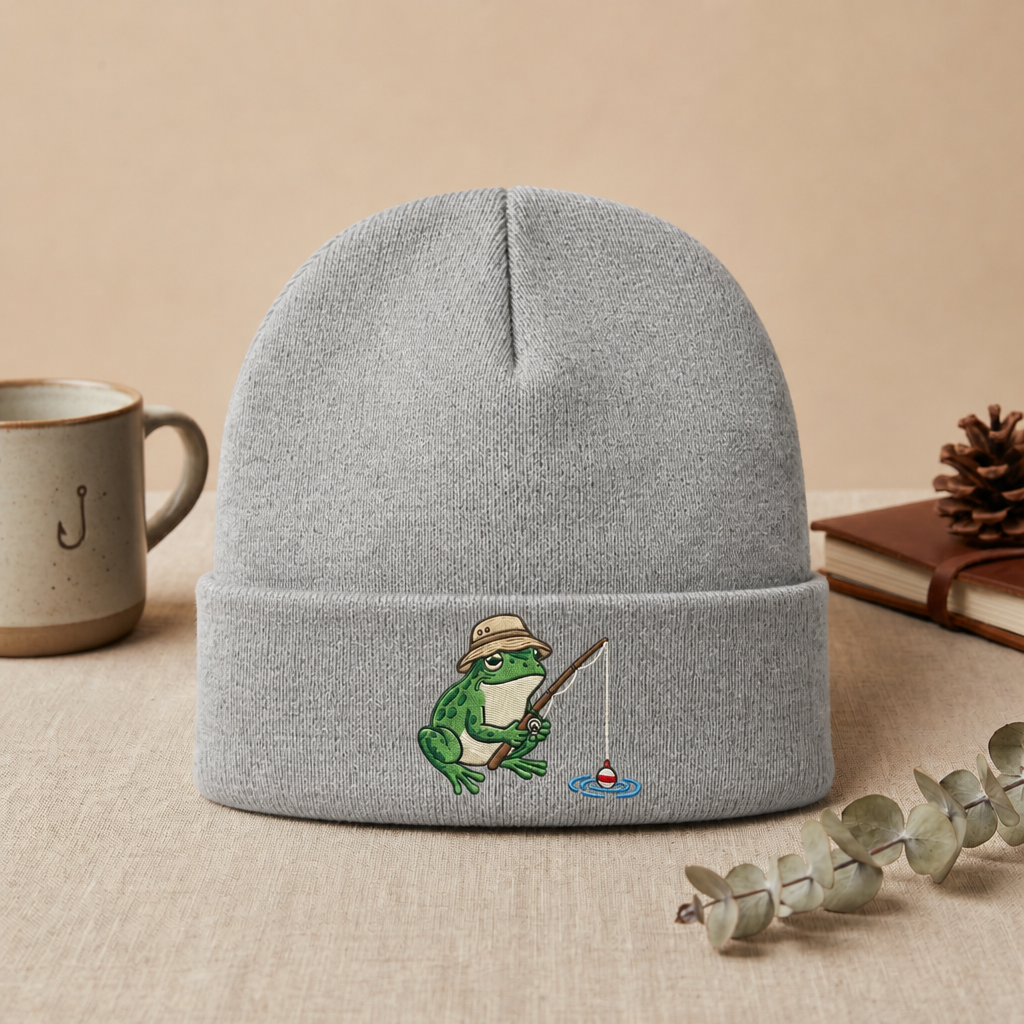 Frog Fishing Hat Bucket Hat Fishing Rod Bobber Cute Frog Embroidered Beanie
