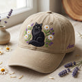 Personalized Black Cat Daisy Lavender Wildflower Floral embroidered hat — front view